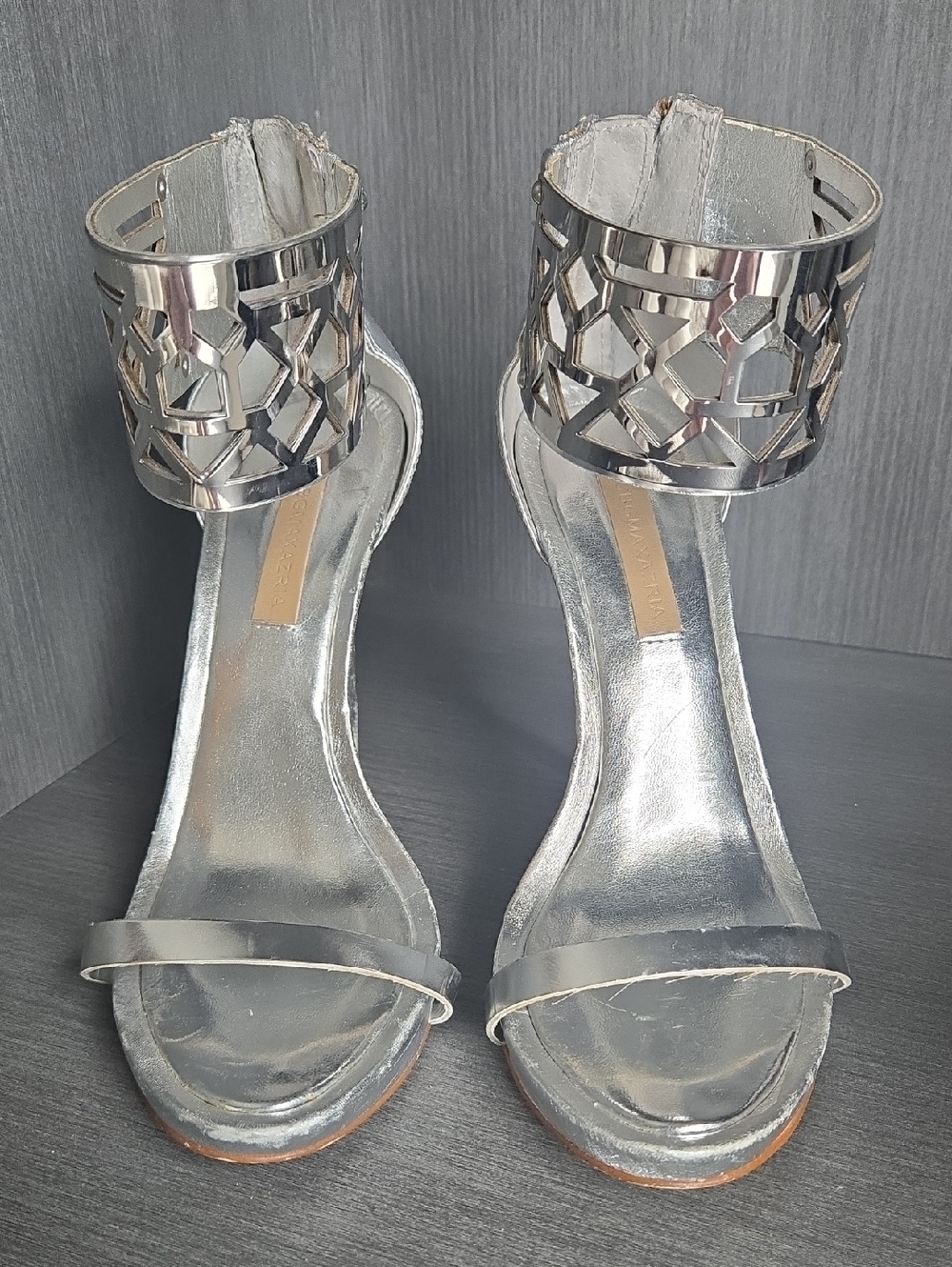BCBGMaxAzria Silver Metallic Cutout Ankle-Cuff Heels